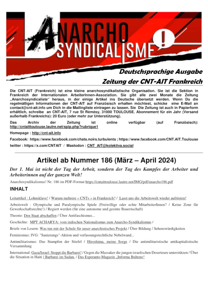 Titelbild der Anarchosyndicalisme" No186 (CNT-AIT Frankreich)